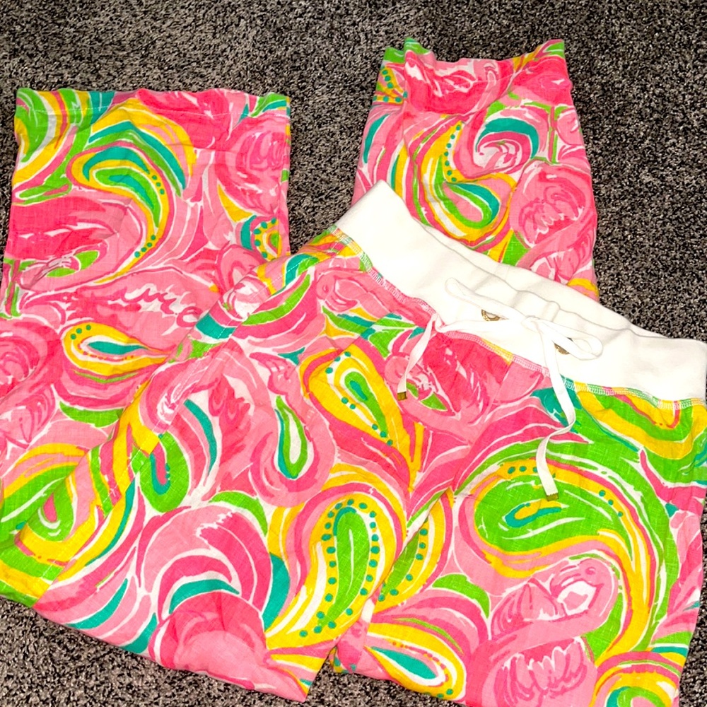 Lilly Pulitzer Pink and Yellow Wide Leg linen pants
